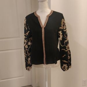 New!Calypso St Barth Embroidered Balloon Long Sleeve Floral Black Blouse